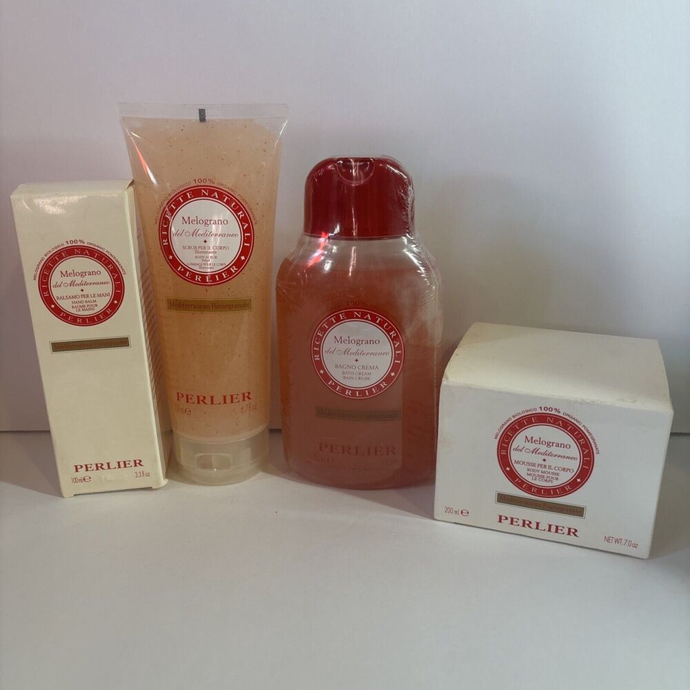 Perlier Mediterranean Pomegranate Bath Cream, Body Mousse, Scrub, Hand Balm New